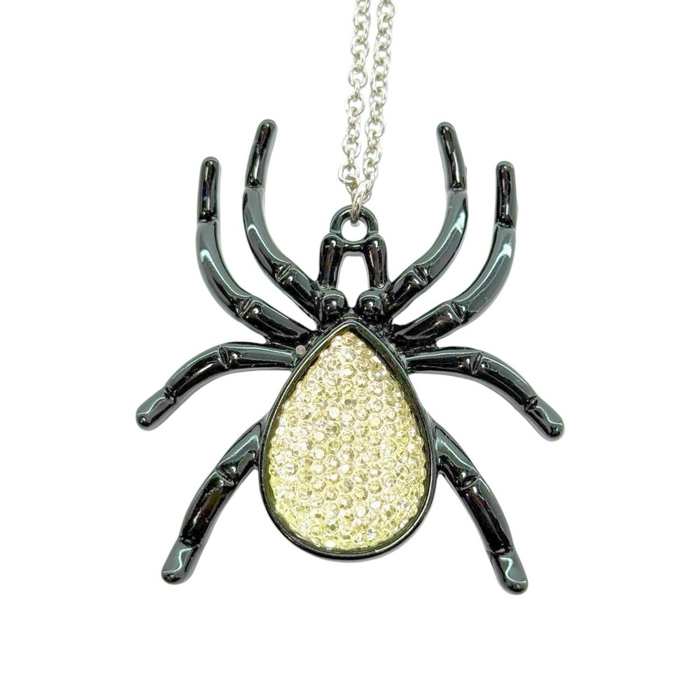 Y2K Gothic Spider Necklace Black Metal Rhinestone 24" Adjustable Chain Halloween